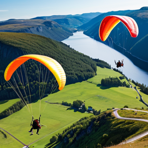 **

A paragliding competition scene in the Swedish mountains. Focus on the vibrant colors of the paragliders against the backdrop of green hills and a blue sky. One pilot is skillfully navigating using a map and instruments, highlighting the combination of navigation skills and equipment. The image should convey a sense of adventure and the beauty of the Swedish landscape.

**