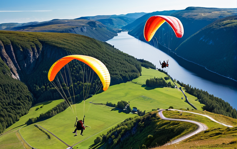 **
A paragliding competition scene in the Swedish mountains. Focus on the vibrant colors of the paragliders against the backdrop of green hills and a blue sky. One pilot is skillfully navigating using a map and instruments, highlighting the combination of navigation skills and equipment. The image should convey a sense of adventure and the beauty of the Swedish landscape.
**